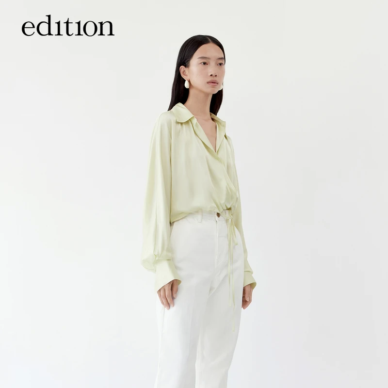edition法式短款绑带衬衣女缎面长袖衬衫#EBC1TOPT12