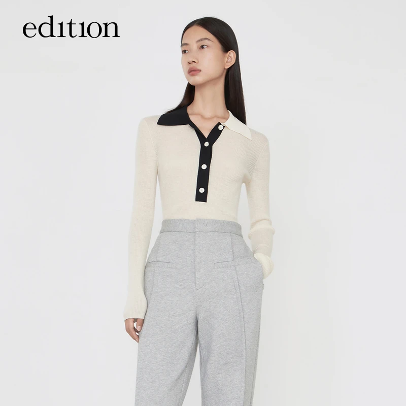 edition羊绒针织衫女冬款复古Polo领长袖美丽诺羊毛衫#EBB4SWTT22