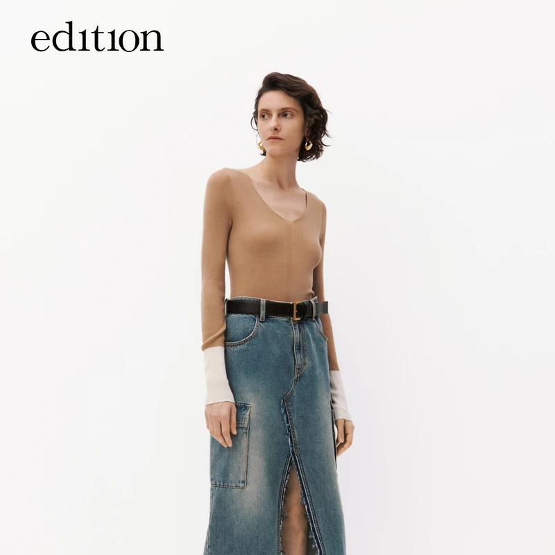 edition针织衫女纯羊毛V领拼色袖口打底衫#EBC3SWTT08