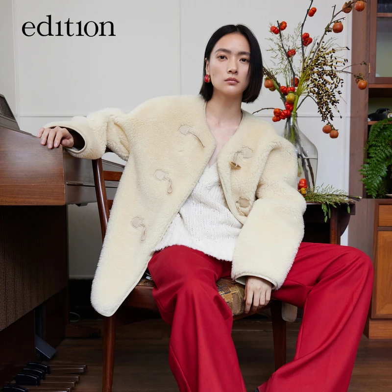 edition牛角扣羊羔毛外套女秋冬无领外套气质时尚休闲#EBC4COTT26