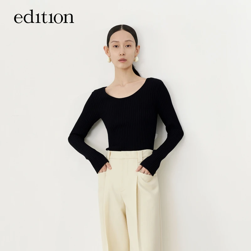 edition黑色弹力针织衫女设计感领口打底衫#EBC1SWTT05