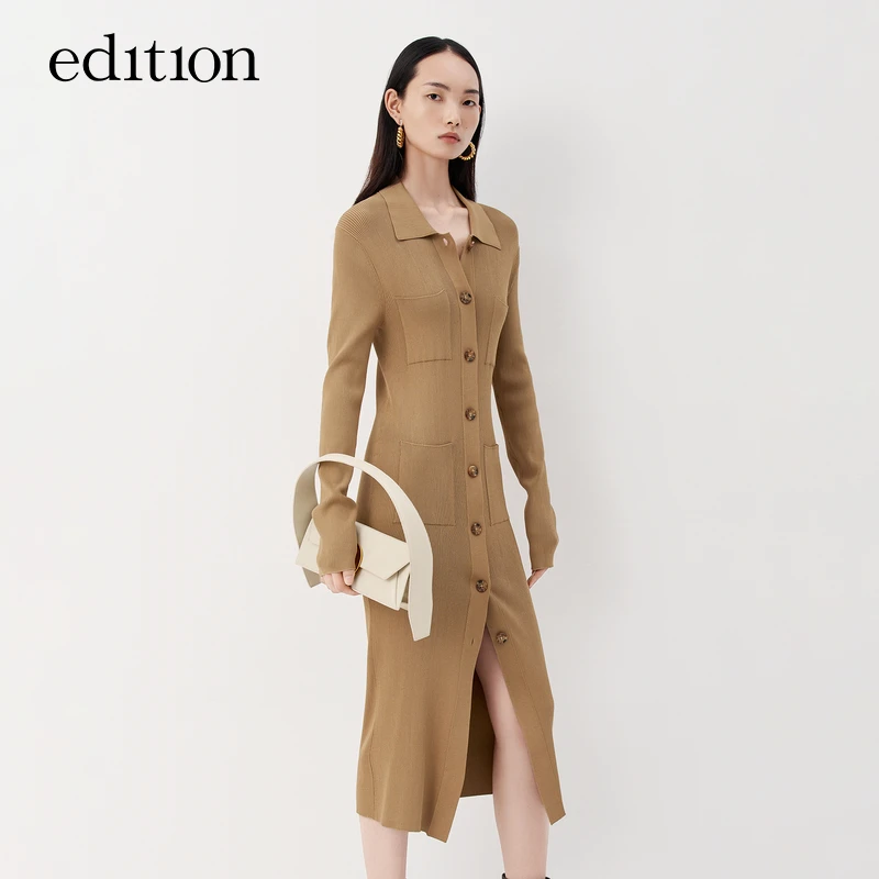 商场同款edition单排扣针织连衣裙新款polo领开衩#EBB3DRS017