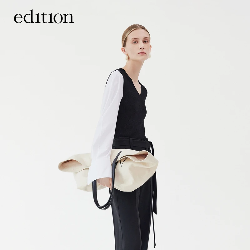 【商场同款】edition衬衫拼接v领针织衫女士#EBC1SWT018