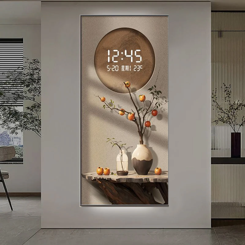 事事如意玄关装饰画数显电子钟表万年历新中式走廊过道入户门挂画