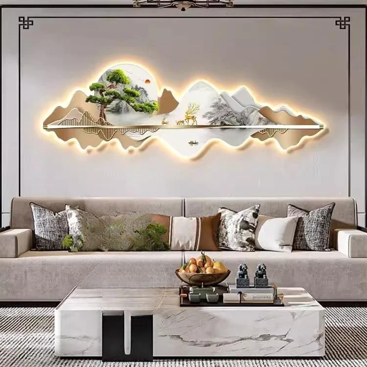 流水生财迎客松客厅装饰画新中式沙发背景墙大厅茶室画办公室挂画