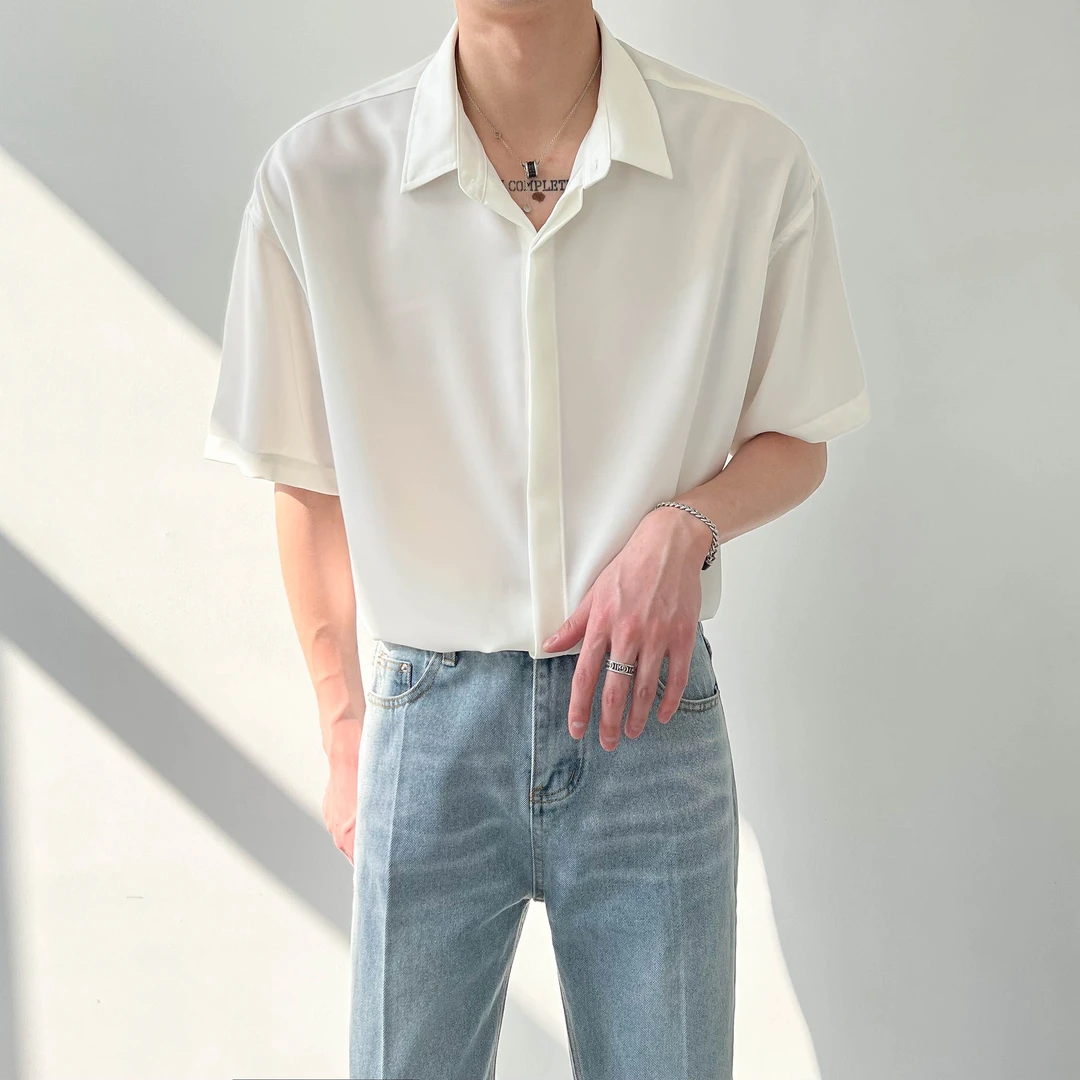 夏季薄款上衣韩版宽松休闲短袖衬衫男士潮流高级百搭垂感免烫衬衣
