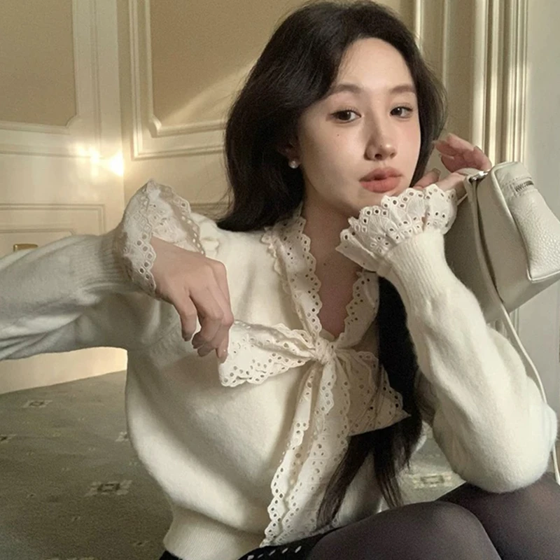 小香风2025春季新款法式V领针织开衫长袖上衣女蕾丝蝴蝶结气质