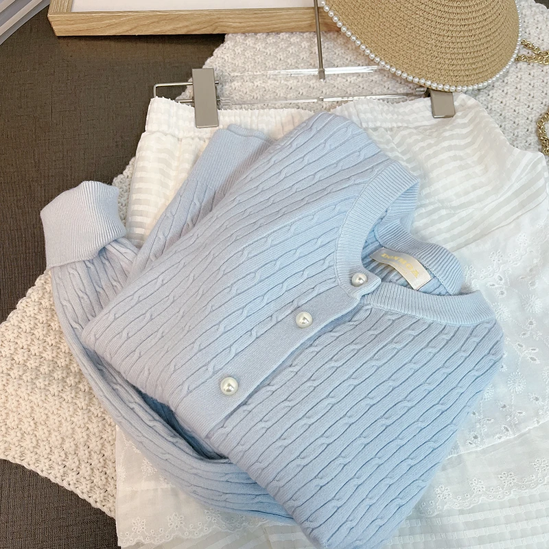 奶fufu蓝色麻花针织开衫秋季新款薄荷曼波软糯慵懒圆领显瘦上衣