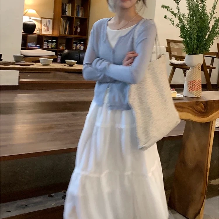 2025秋季新款圆领假两件针织开衫学院风设计感显瘦长袖上衣女