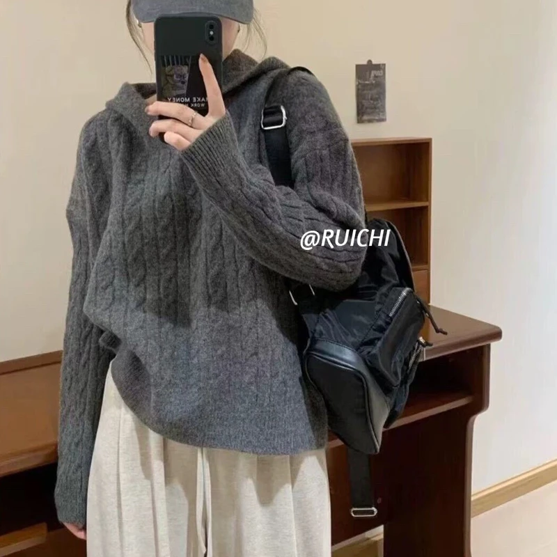 慵懒风2025早春连帽毛衣宽松针织衫上衣女新款软糯纯色麻花