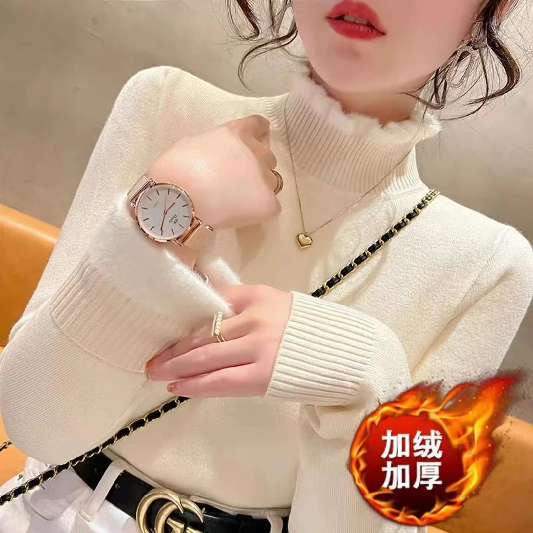 2023秋冬新款加绒保暖木耳边半高领毛衣一体绒针织打底衫上衣女