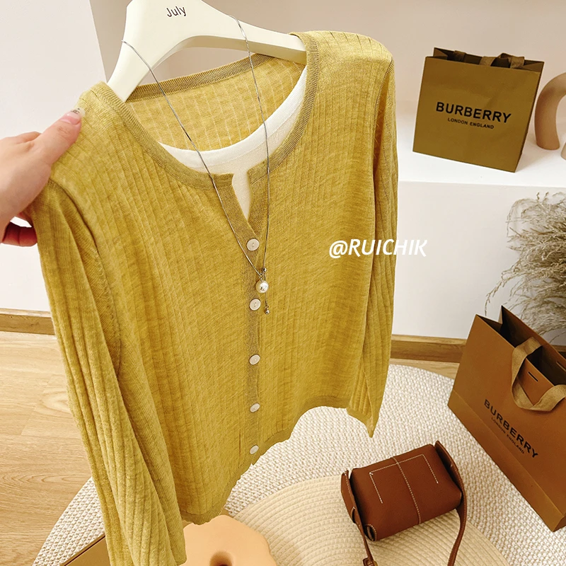 2025秋季新款假两件显白遮肉显瘦百搭长袖针织衫上衣女薄款