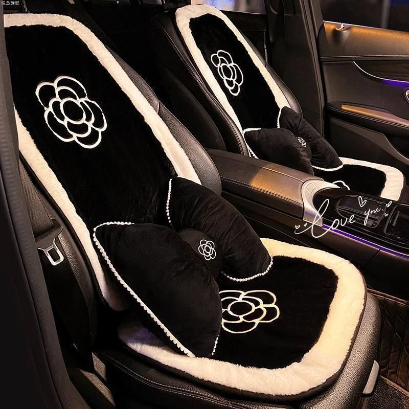 汽车坐垫冬季毛绒山茶花女神加热单片后排座垫车载四季通用车垫女