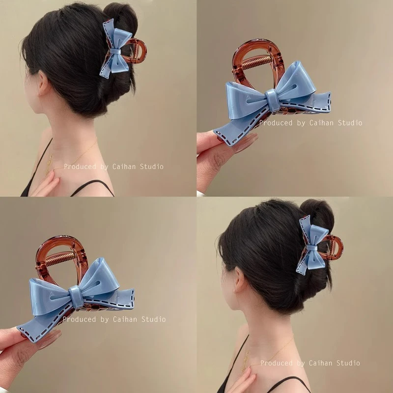 首闻奶蓝夏日~清新蝴蝶结抓夹女2024新款后脑勺盘发鲨鱼夹子头饰