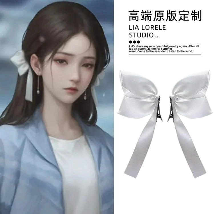 首闻杜言她同款白色手工侧边蝴蝶结发夹气质刘海夹2024新款对夹女