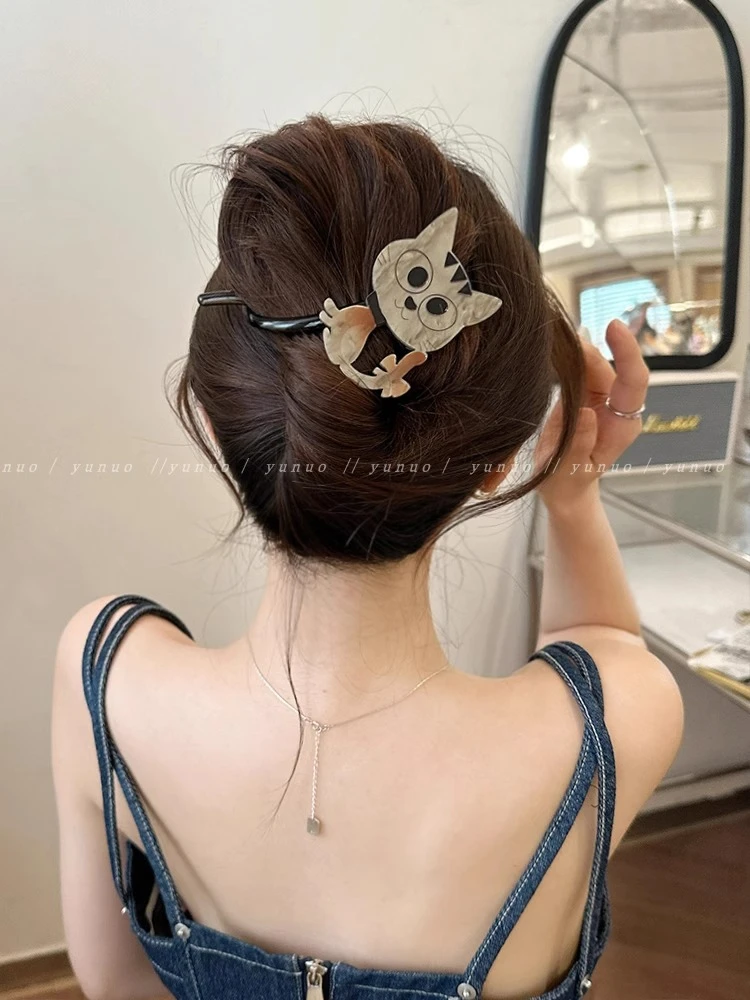 首闻萌趣可爱小猫发夹女后脑勺一字抓夹2024新款夏季盘发扭扭夹