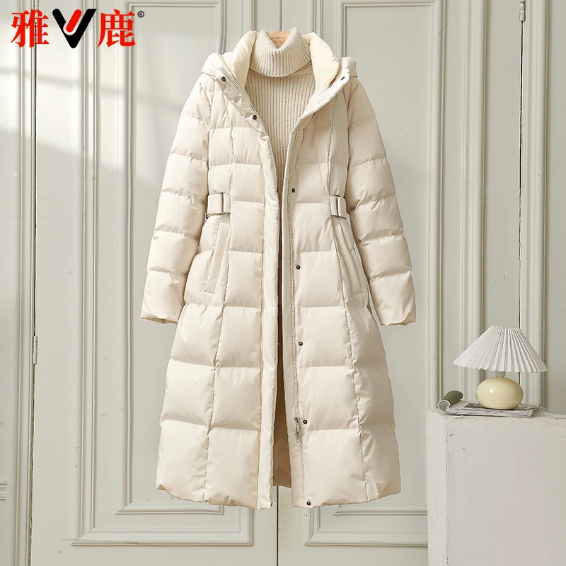 雅鹿2025年新款羽绒服女长款过膝连帽保暖防寒休闲百搭加厚外套冬