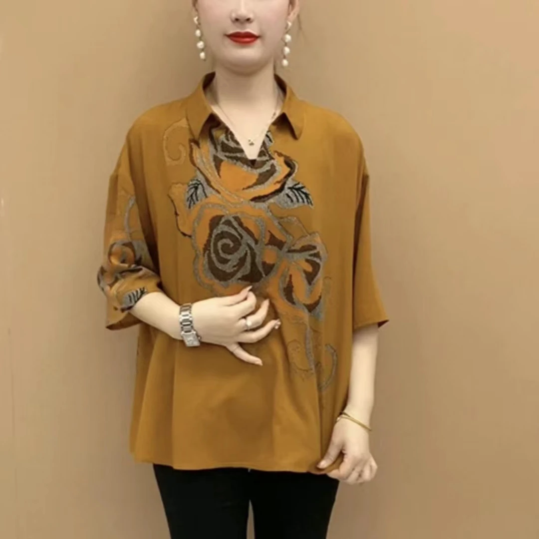 春夏新款妈妈装百搭上衣加肥加大大码花衬衫短袖套头小衫显瘦减龄