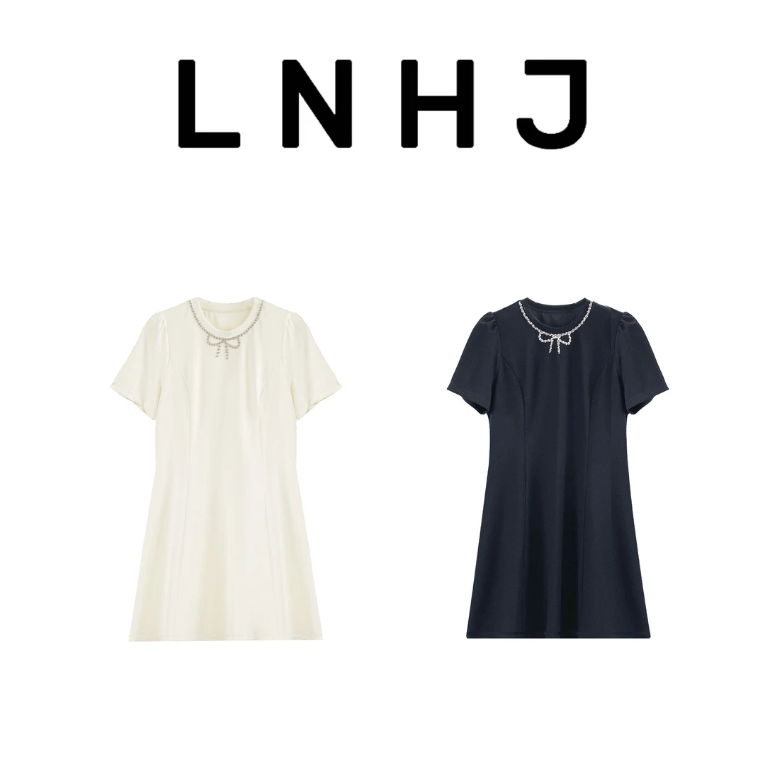【LNHJ】花潮月夕 轻奢圆领法式钻石蝴蝶结女装连衣裙