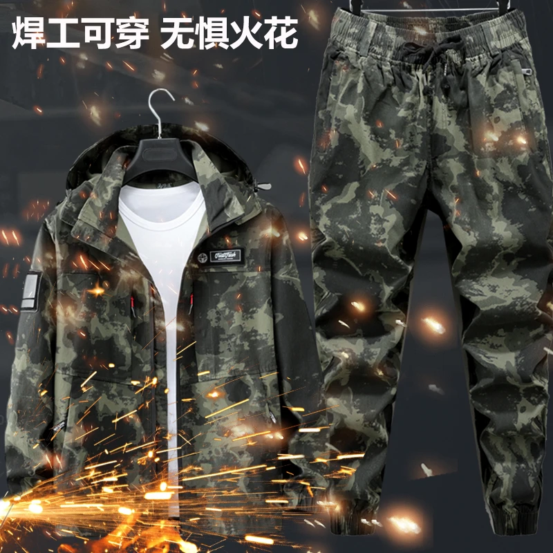 春秋季男休闲户外耐磨工装劳保服棉迷彩服弹力套装防烫电焊服