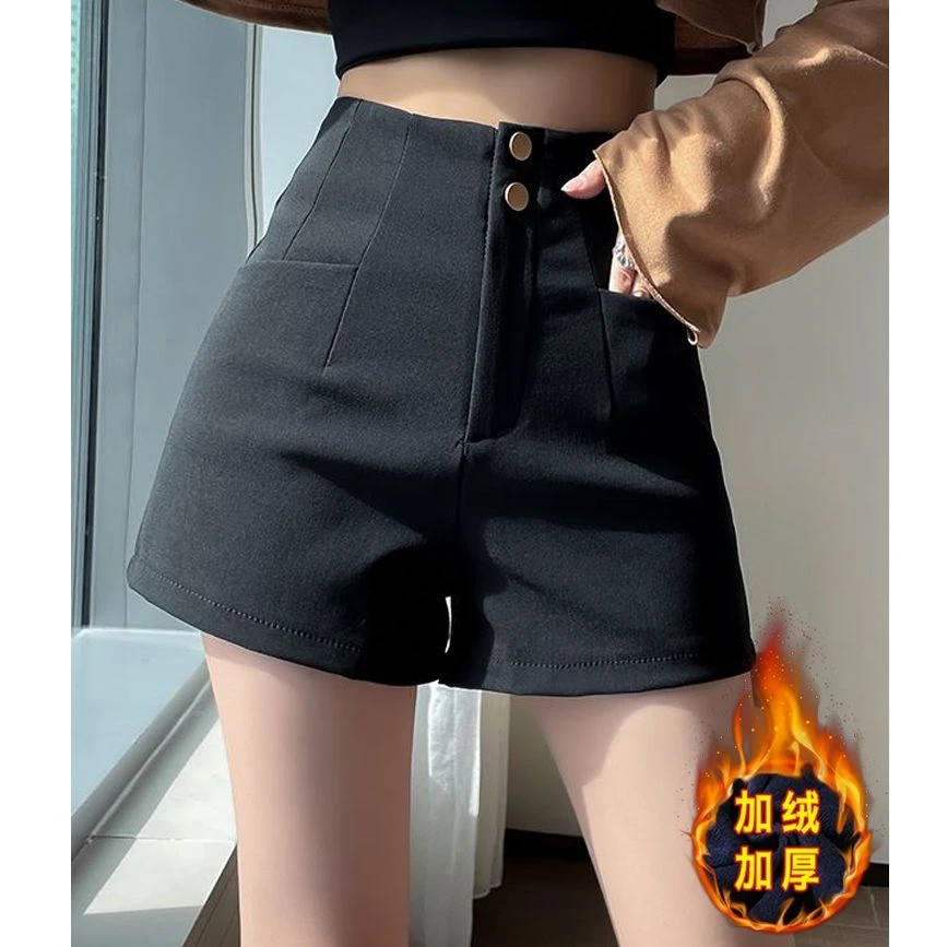 黑色西装短裤女秋冬加绒外穿高腰显瘦弹力a字下半身失踪打底靴裤