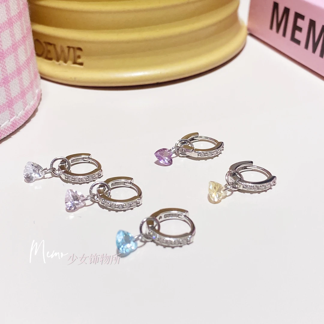 铜合金合成锆石耳饰 DS067 心动讯号五色爱心挂坠百搭耳圈耳环