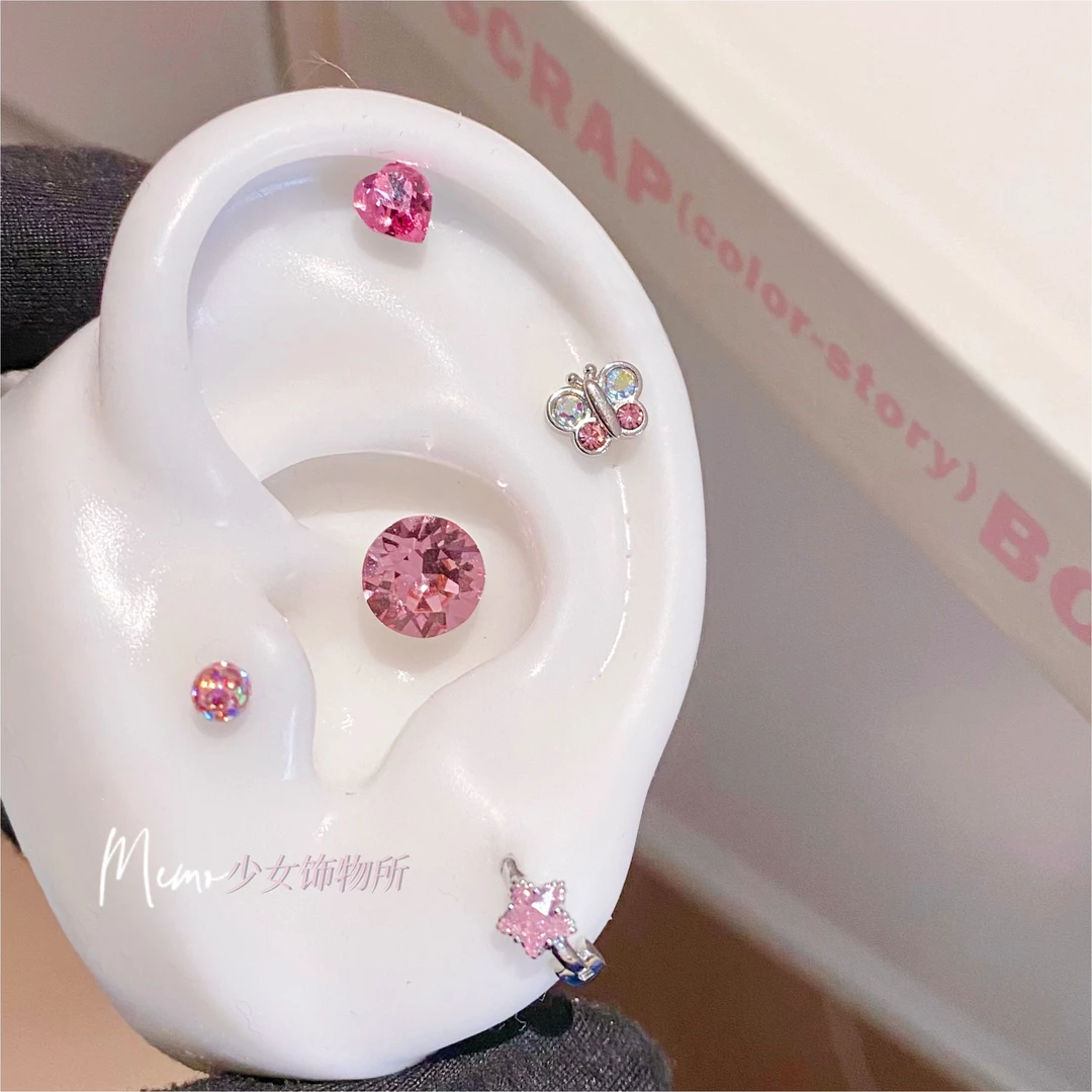 钛钢合成锆石耳饰 E055 小胖蝴蝶 甜美设计感耳骨钉耳蜗钛钢耳环