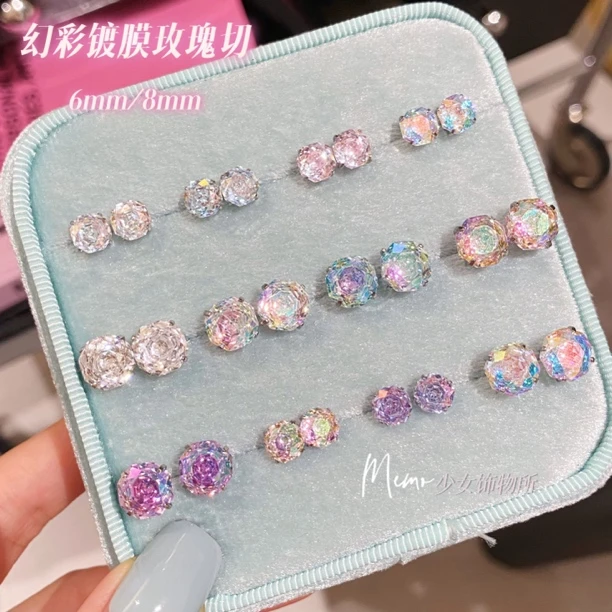 钛钢合成锆石耳饰 E187 人鱼姬镀膜玫瑰切耳骨耳蜗钉杆长6杆粗0.8