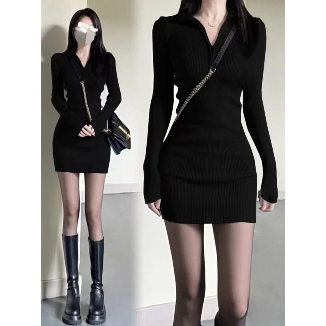 秋冬新款长袖德绒打底连衣裙内搭修身御姐辣妹包臀气质小黑裙子潮