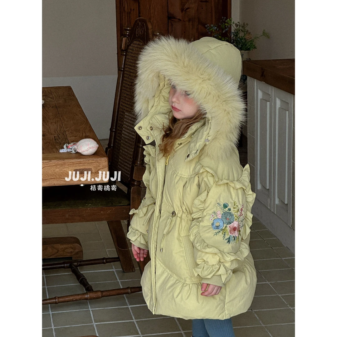 juji•橘寄【灵泽】女童杜邦三防白鹅绒服D8208小鹅黄加厚抽绳