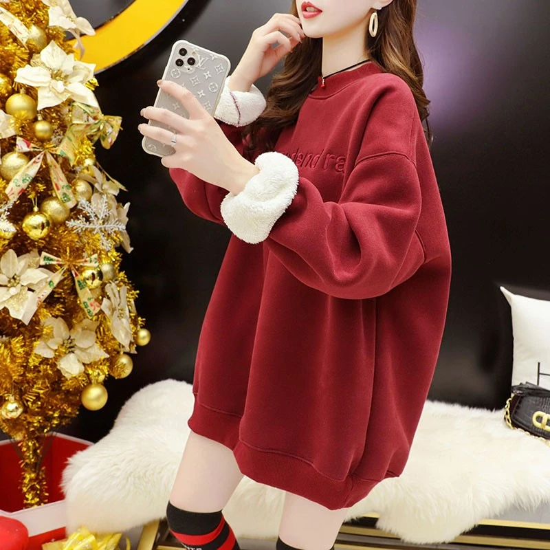 欧米朵红色秋冬款加绒加厚卫衣女宽松2023年新款长袖韩版百搭上衣