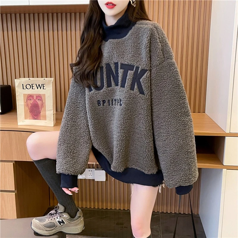 欧米朵宽松慵懒风半高领加绒加厚卫衣女2025年新款秋冬羊羔毛上衣