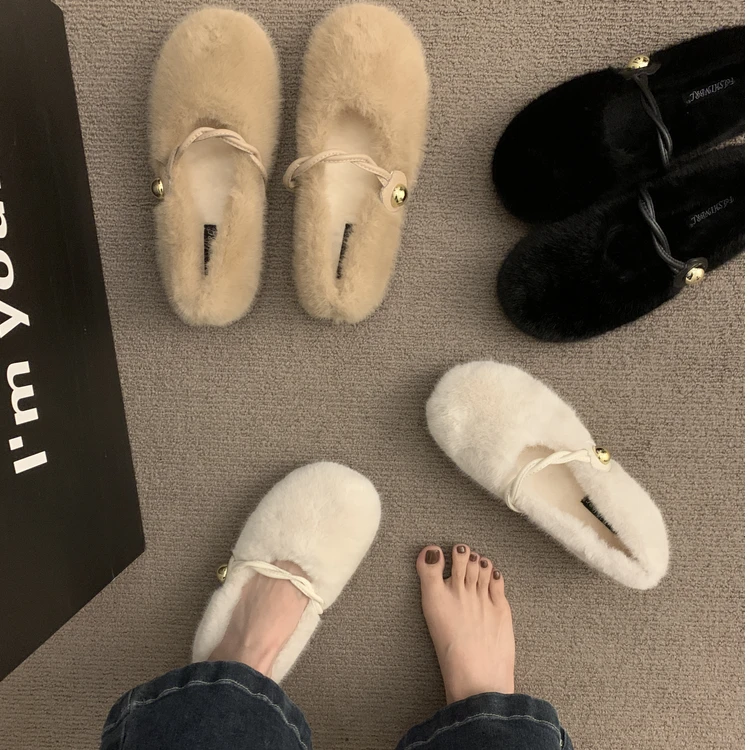 法式晚风温柔白色毛毛鞋小个子增高加绒单鞋女鞋外穿保暖棉鞋瓢鞋