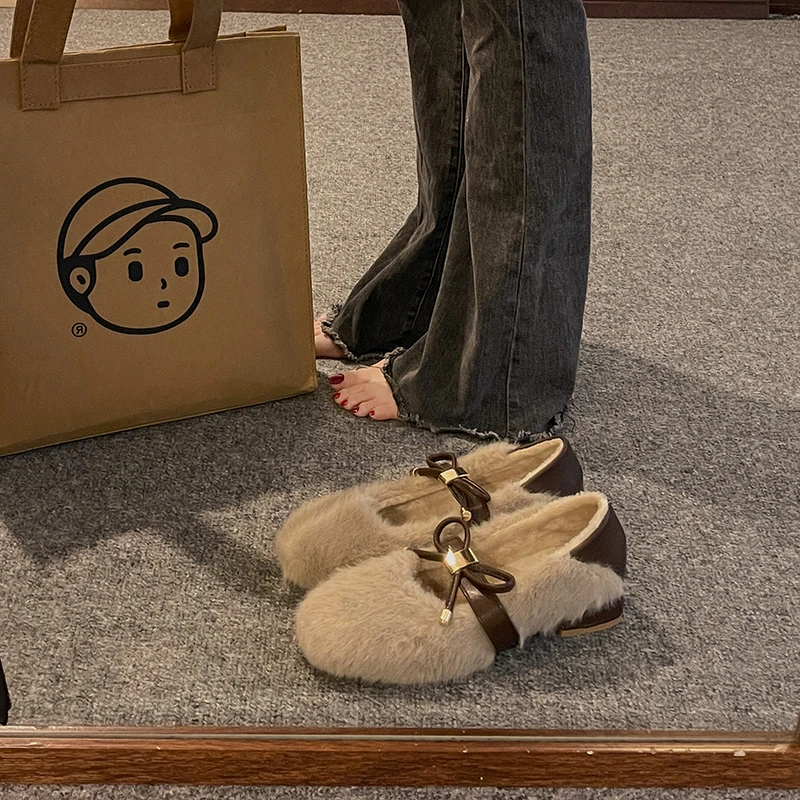 仙女风踩脚毛毛鞋女2024秋冬季新款粗跟增高加绒豆豆鞋玛丽珍单鞋