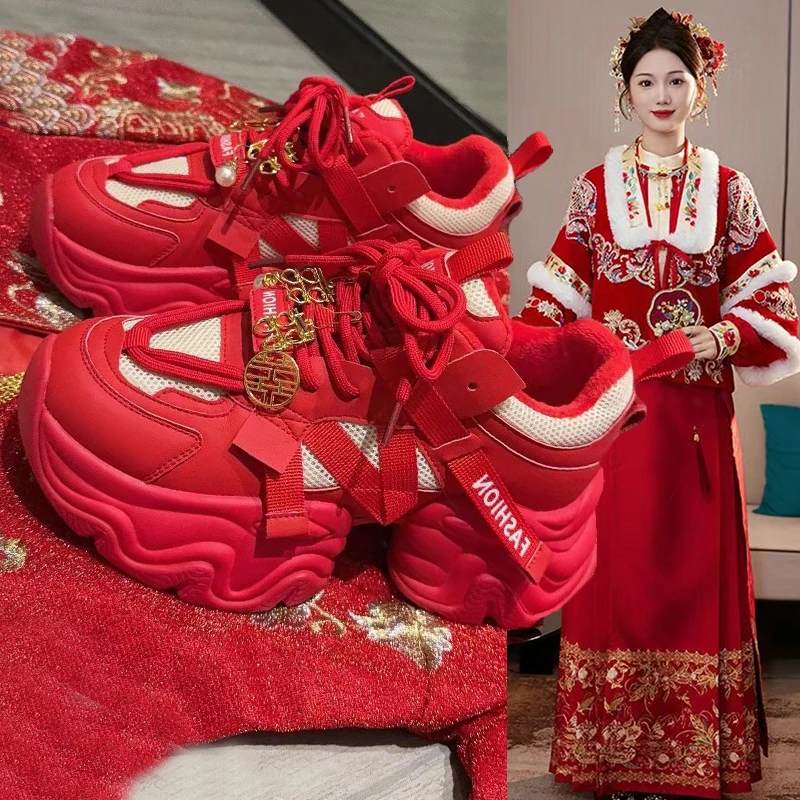 真皮老爹鞋女ins潮2024新款秋冬小个子百搭厚底红色运动秀禾婚鞋