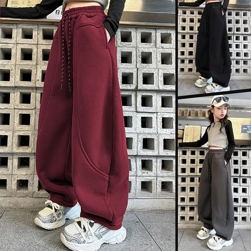 女童加绒裤子2024新款儿童加厚运动裤秋冬季大童宽松一体绒弯刀裤