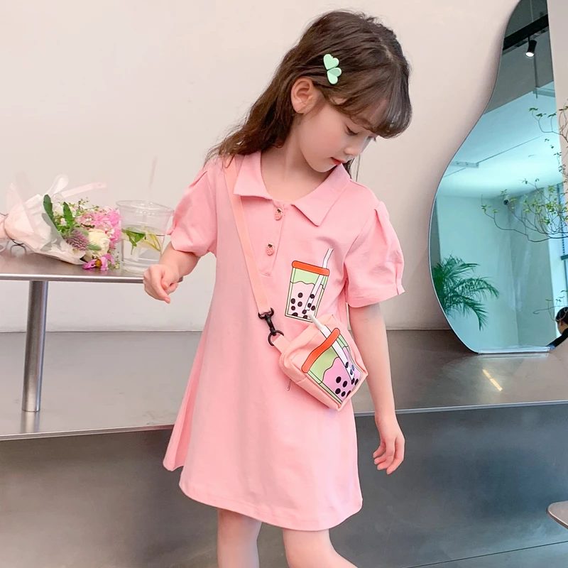 儿童连衣裙女童夏装2024新款女孩夏季洋气t裙A字裙奶茶polo领裙子