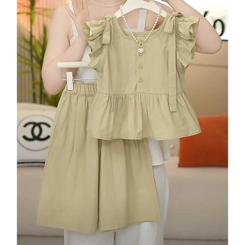 女童飞袖上衣七分裤套装2024夏款女孩短袖娃娃衫阔腿裤夏季两件套