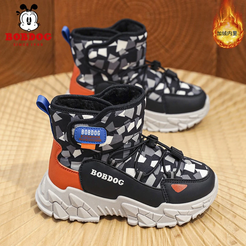 Bobdog/巴布豆2024冬季新款男/女童加绒加厚耐磨防滑时尚休闲童鞋