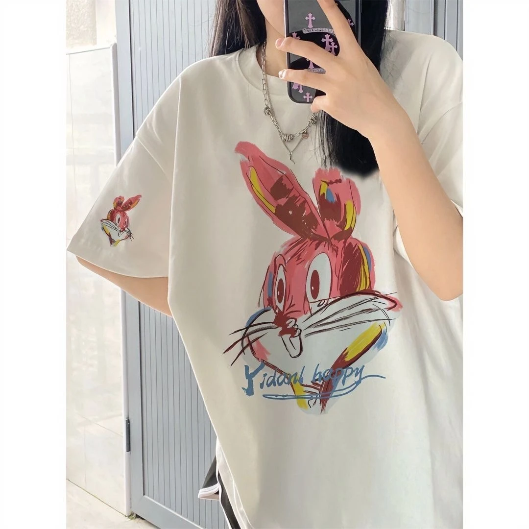 男女同款情侣款短袖T恤纯棉面料(粉色兔头)