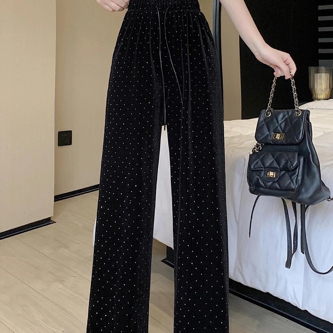 重工亮钻阔腿裤女夏季高腰显瘦休闲裤