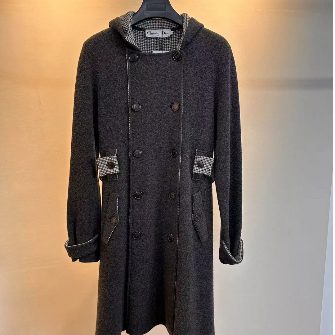 DIOR/迪奥灰黑色千鸟格连帽双排扣大衣  38码 成色很好