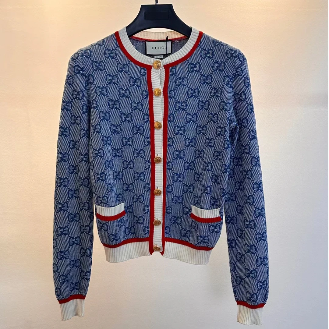 GUCCI/古驰 蓝色 徽标logo长袖羊毛开衫外套 S码 成色很好