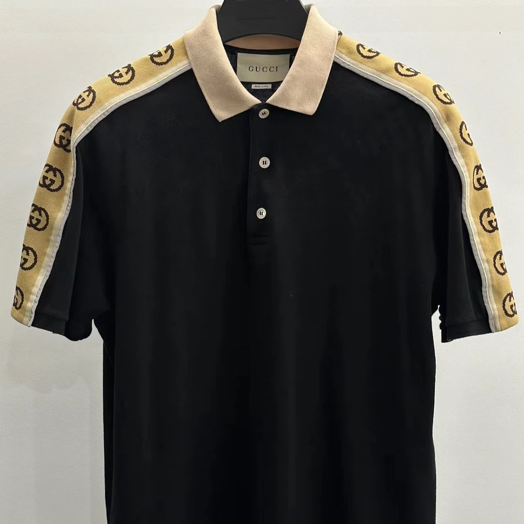 GUCCI/古驰 黑色 拼色饰互扣双G条纹短袖PoloT恤 XL码 成色很好