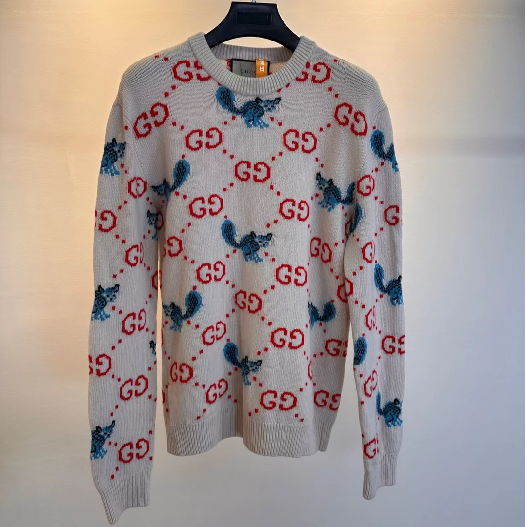 99新 GUCCI/古驰 971007 白色联名款动物图案羊毛衫毛衣 S码