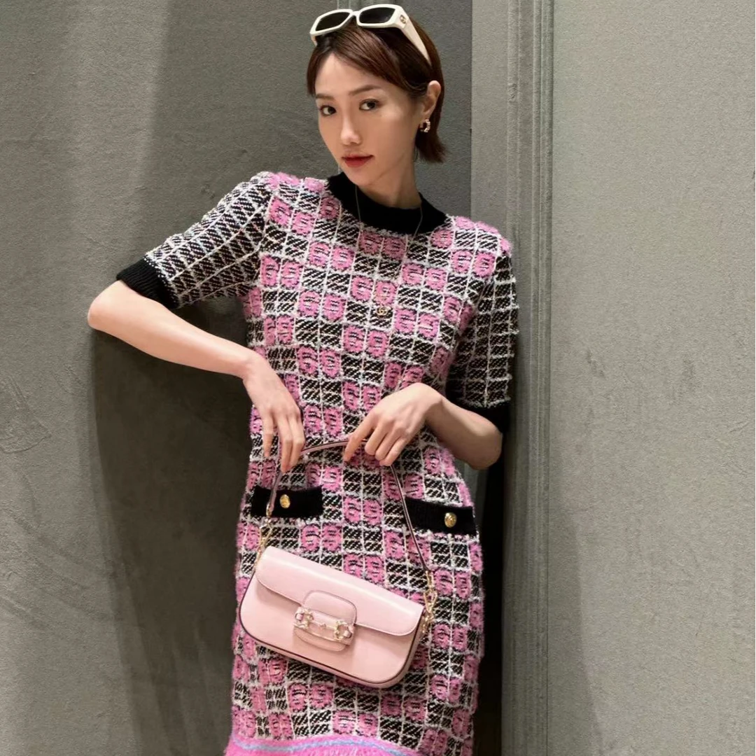 GUCCI/古驰多色logo图案嵌花圆领短袖连衣裙全新带吊牌工价24000