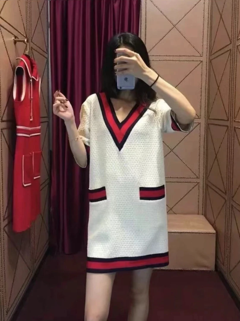 99新 GUCCI/古驰 7696300 纯色V领撞色短袖连衣裙 38码