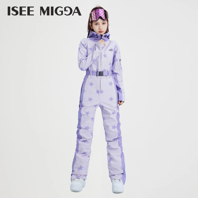 ISEEMIGGA 女新款【紫色星星】连体滑雪服防水防风3L冲锋衣单板
