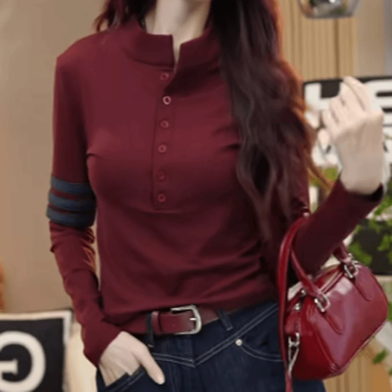 半高领长袖打底衫女外穿2024秋冬新款洋气显瘦红色内搭保暖上衣
