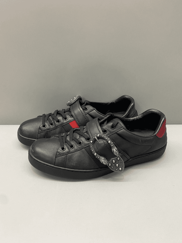 43码 古驰 GUCCI ACE DIONYSUS 搭扣 黑 时尚板鞋